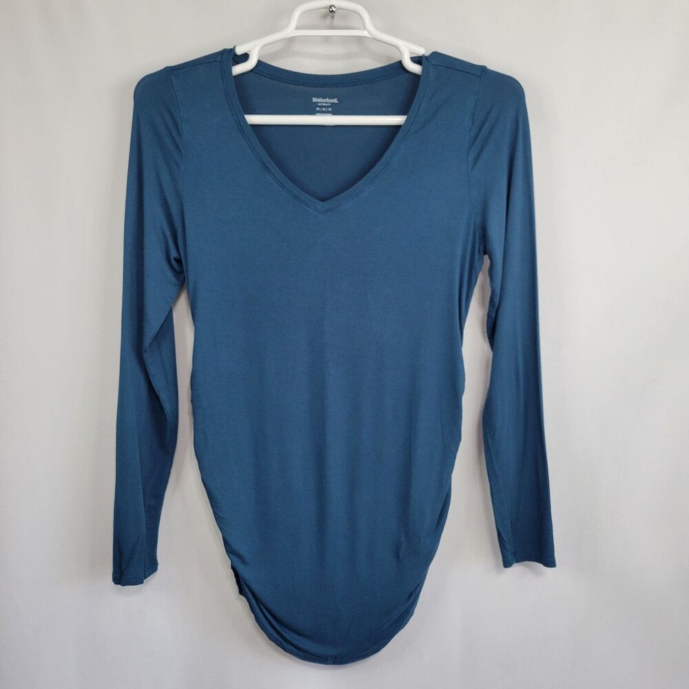 Motherhood Maternity long sleeve teal green blue V neck rouched T shirt Medium